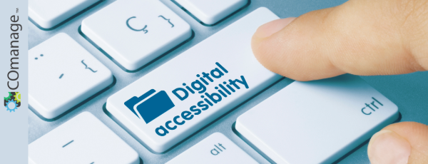 Photo of several keys on a keyboard. One key is being depressed by a finger. This key displays an image of a folder with the words "Digital accessibility"